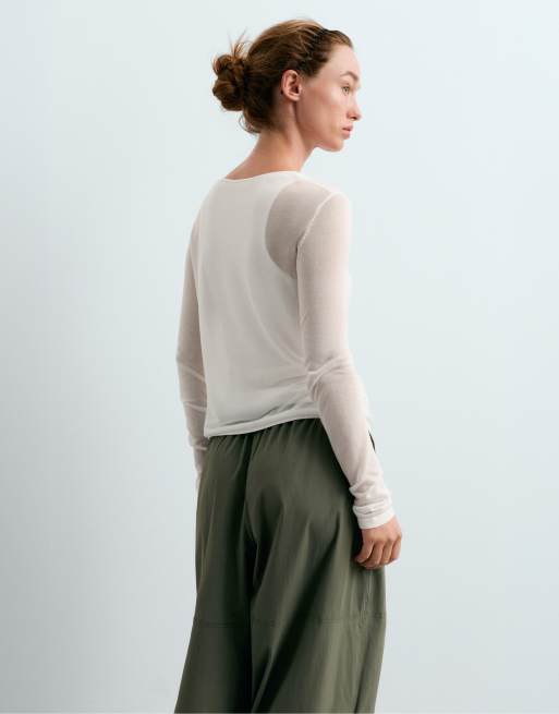 OYSHO Double sheer long-sleeved t-shirt in off-white, 4 of 6