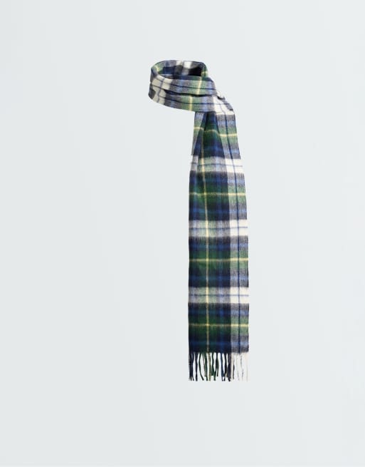 OYSHO écharpe à carreaux 100 % laine bleu marine et vert, 4 de 4