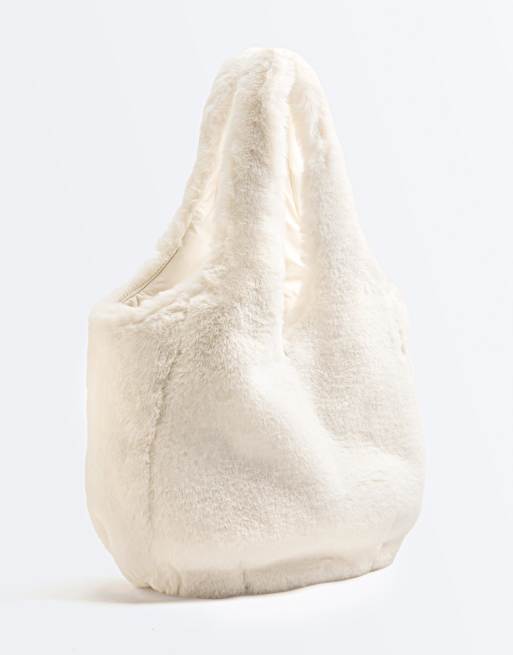 OYSHO - Ecrufarvet shoppertaske i imiteret pels, 2 af 4