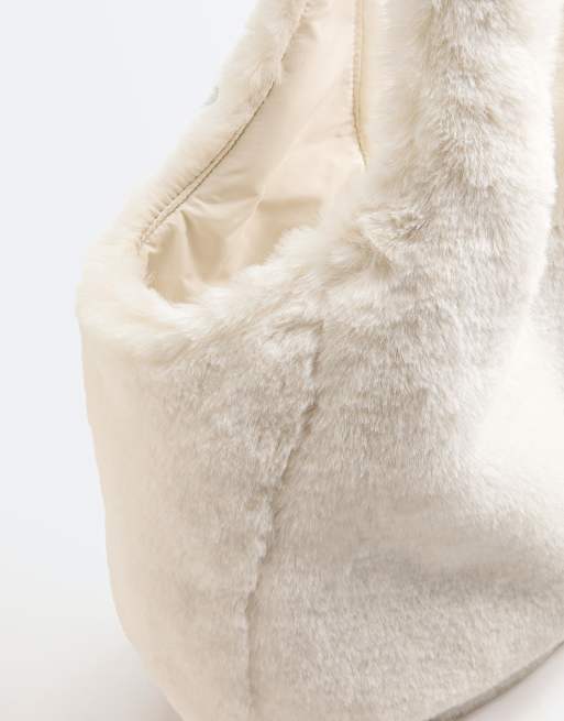 OYSHO - Ecrufarvet shoppertaske i imiteret pels, 4 af 4