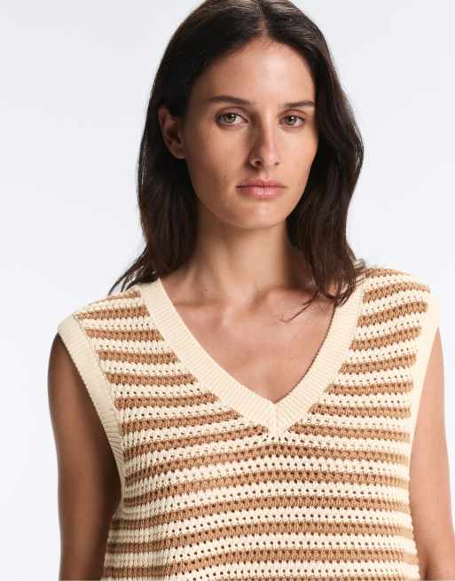 OYSHO - Ecrufarvet stribet strikvest med V-hals, 3 af 4