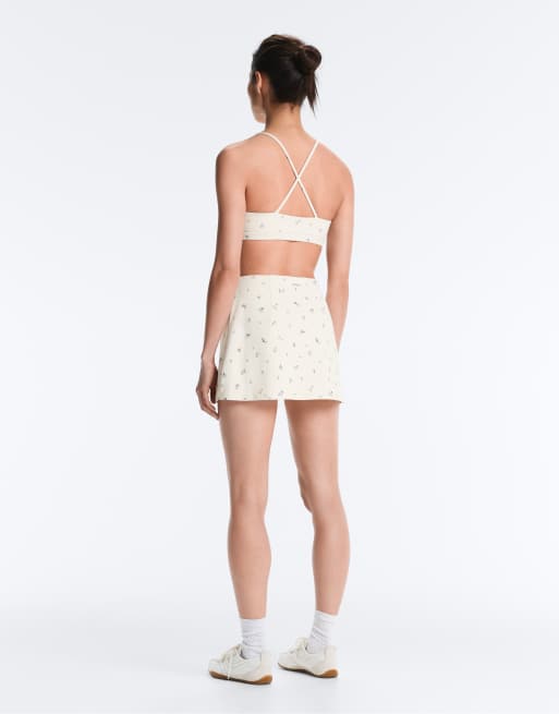 OYSHO – Evermove – Kurzer Rock in blassem Ecru mit hohem Bund und Blumenmuster, 3 von 4