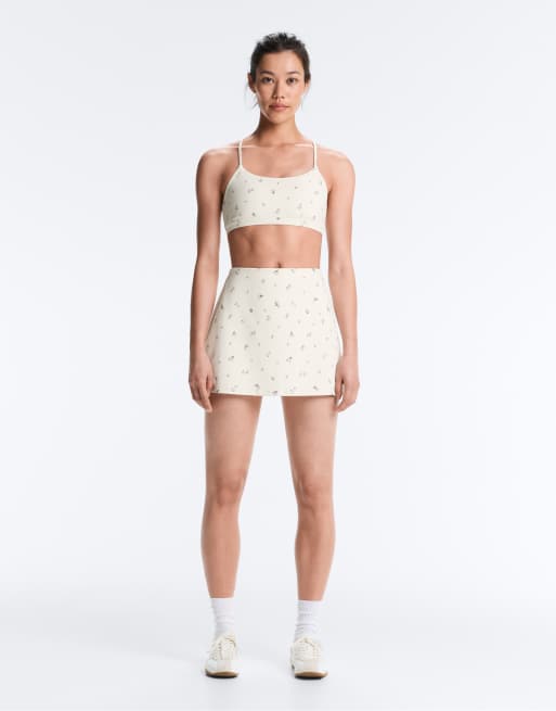OYSHO – Evermove – Kurzer Rock in blassem Ecru mit hohem Bund und Blumenmuster, 4 von 4