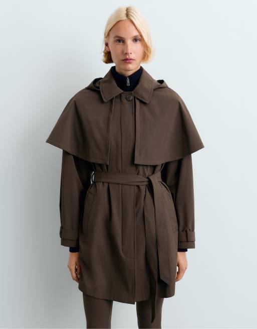 OYSHO Extra lightweight 10k waterproof long cape jacket in brown, 2 of 4