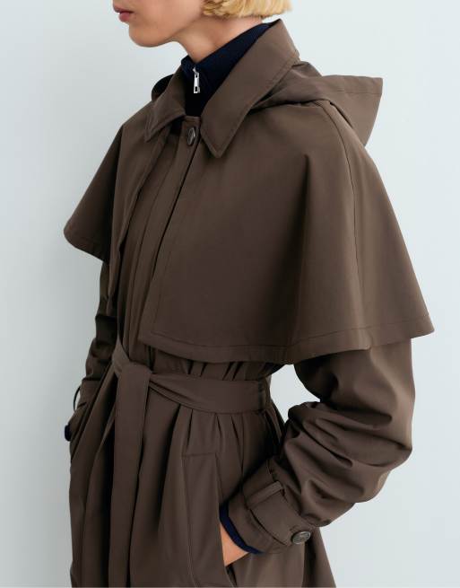 OYSHO Extra lightweight 10k waterproof long cape jacket in brown, 3 of 4