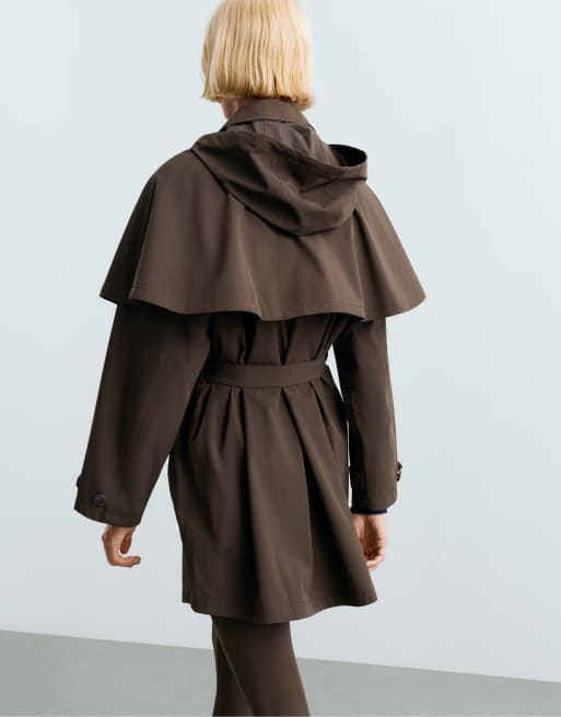 OYSHO Extra lightweight 10k waterproof long cape jacket in brown, 4 of 4