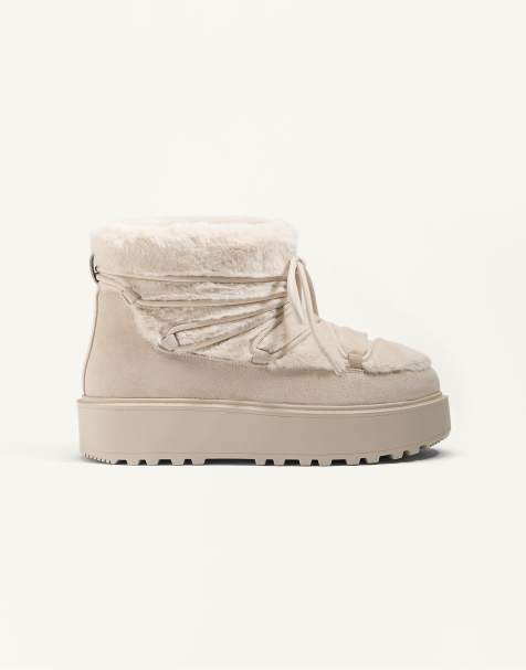 OYSHO Faux-fur and split-leather lace-up boots in beige - view 1