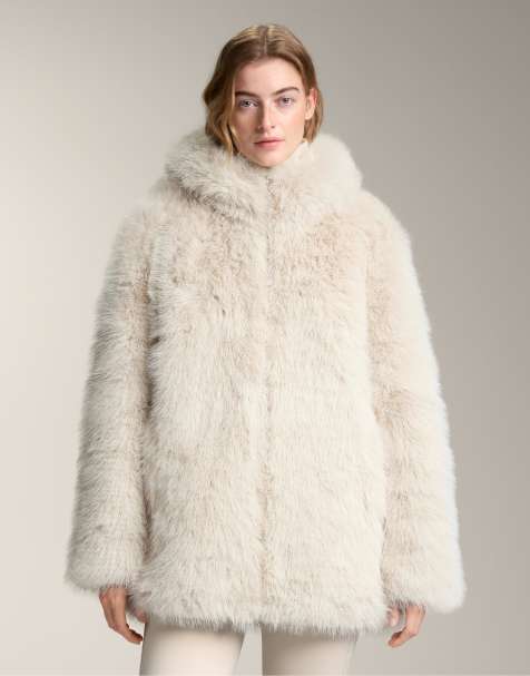 OYSHO Faux fur hooded jacket in oatmeal