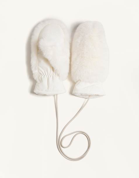 OYSHO Faux fur mittens with drawcord in ecru - view 1