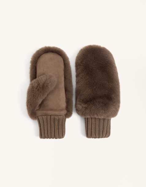 OYSHO Faux fur mittens with elasticated cuffs in brown - view 1