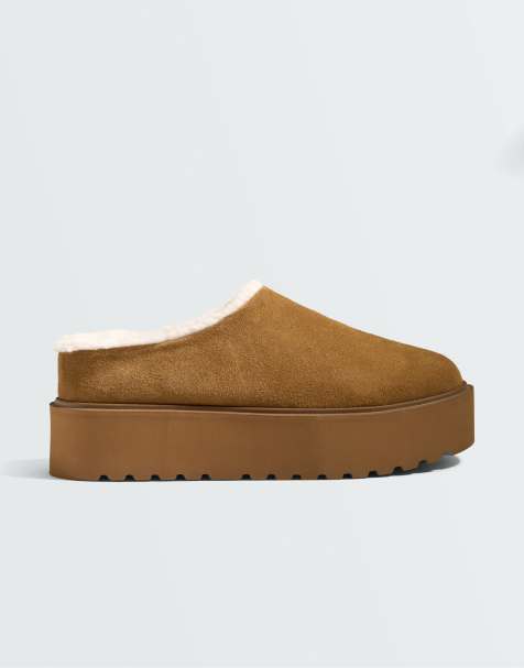 OYSHO Faux-fur split-leather clogs in mole - view 1