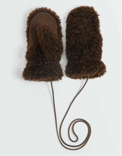 OYSHO Faux-shearling-effect mittens in brown - view 1