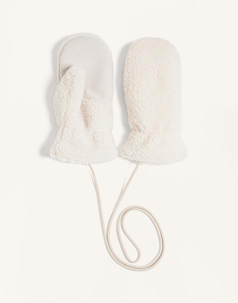 OYSHO Faux shearling mittens with cord in ecru - view 1