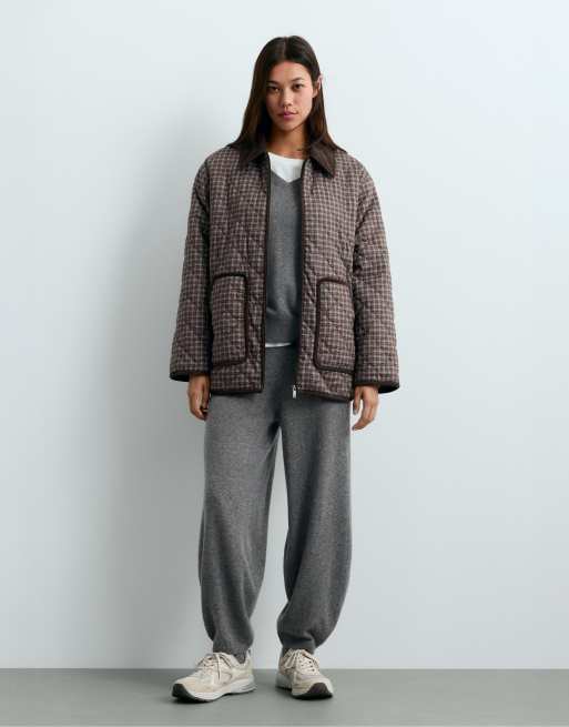 OYSHO Fellex® aerogel checked midi padded jacket in brown and blue, 2 of 5