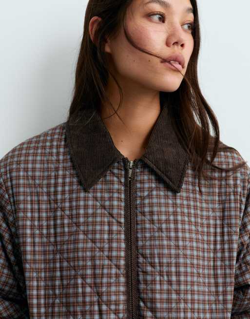 OYSHO Fellex® aerogel checked midi padded jacket in brown and blue, 3 of 5