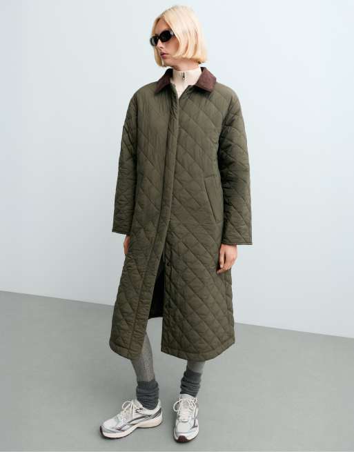 OYSHO Fellex® aerogel contrast collar long padded jacket in khaki, 2 of 5
