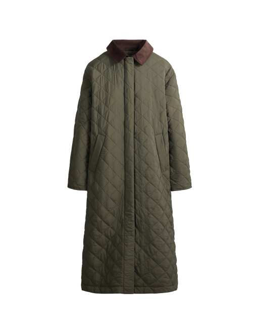 OYSHO Fellex® aerogel contrast collar long padded jacket in khaki, 4 of 5