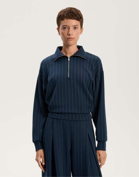 OYSHO - Felpa a righe con zip corta in morbido modal blu navy - view 1