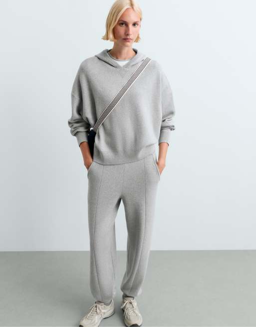 OYSHO felpa con cappuccio in maglia misto cotone grigio chiaro, 5 di 6