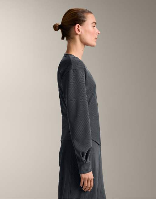 OYSHO - Felpa grigia a righe asimmetriche in modal, 3 di 4