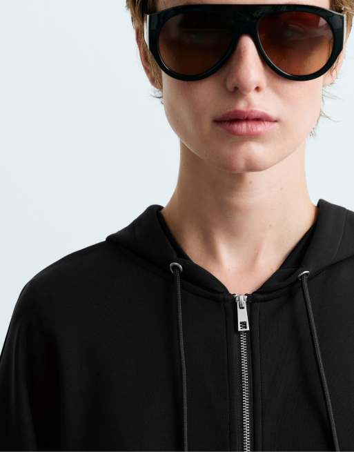 OYSHO - Felpa morbida in modal nera con zip, 3 di 5