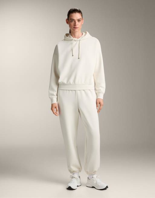 Oysho - Felpa squadrata écru in modal spazzolato con cappuccio, 4 di 4
