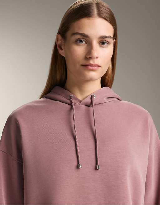 Oysho - Felpa squadrata rosa malva in modal spazzolato con cappuccio, 4 di 4