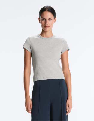 OYSHO - Figurbetontes, geripptes T-Shirt aus Baumwollmix in Grau meliert