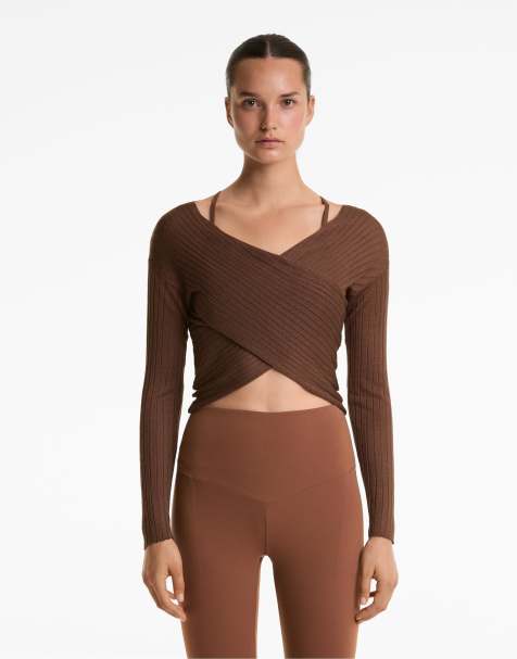 OYSHO Fine-knit semi-sheer rib crossover jumper in brown - view 1