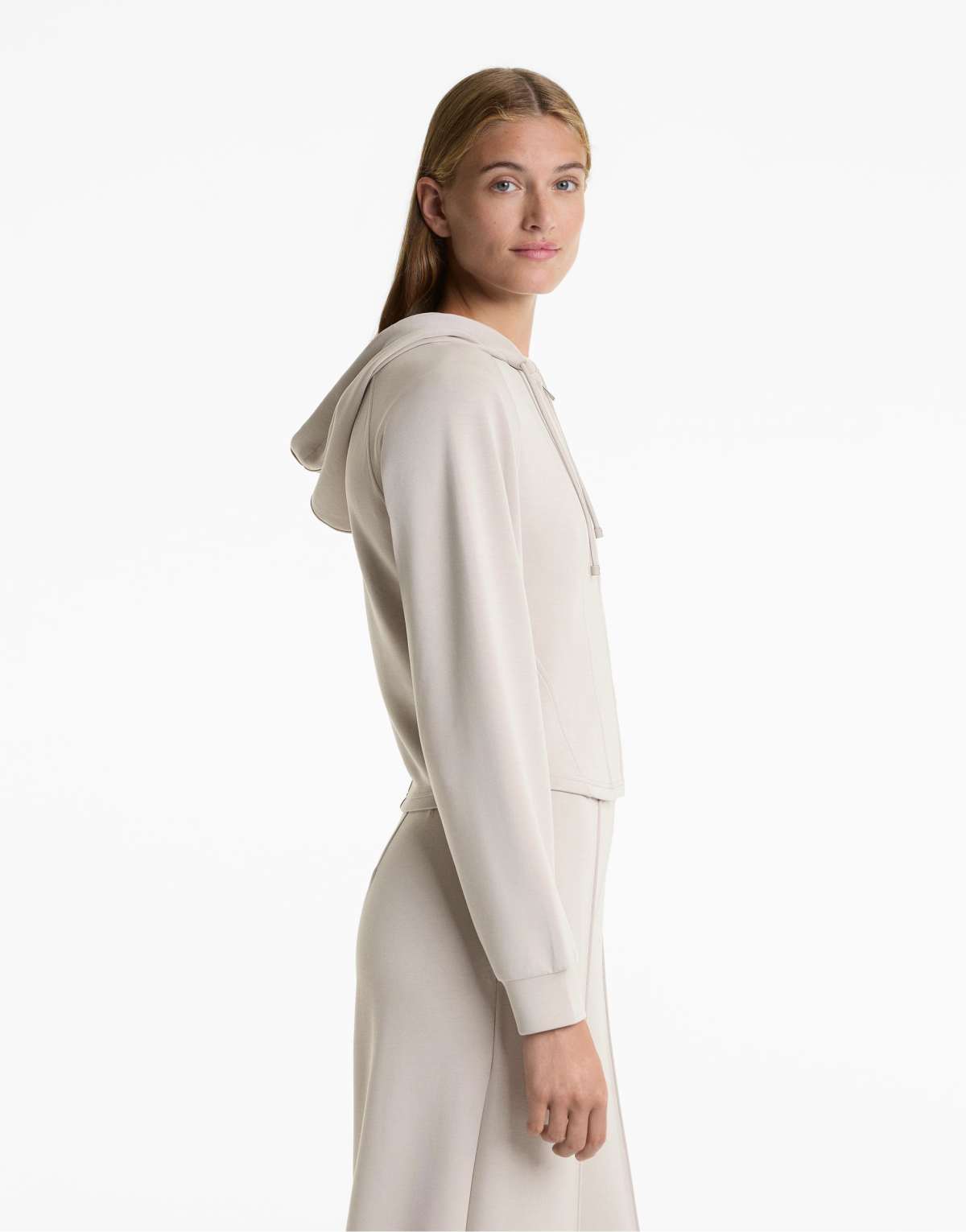 OYSHO Fitted crop hoodie with soft-touch modal in taupe