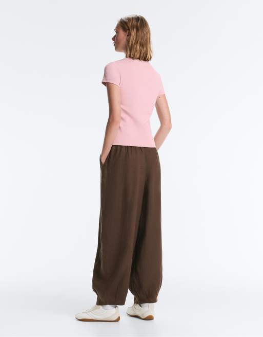 OYSHO Fitted rib cotton blend t-shirt in pale pink, 2 of 4