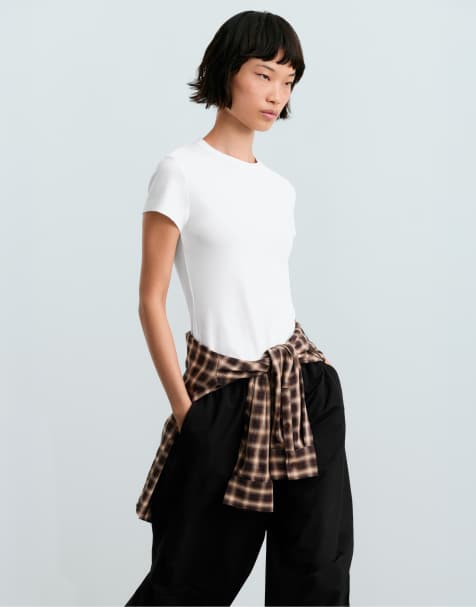 OYSHO Fitted rib cotton blend t-shirt in white - view 1