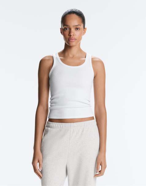 OYSHO Fitted rib strap t-shirt with cotton and modal in off-white - view 1
