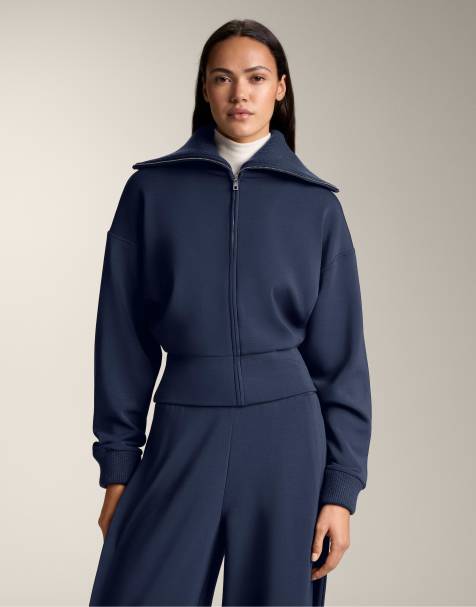 OYSHO Fitted waist knit collar jacket with brushed modal in navy