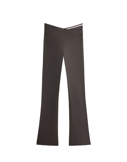OYSHO Flare comfortlux v-cut rib trousers in grey brown, 6 of 6