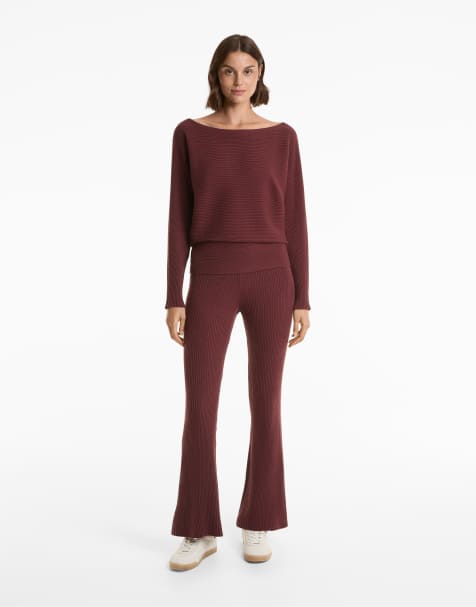 OYSHO Flare rib knit trousers in green - view 1