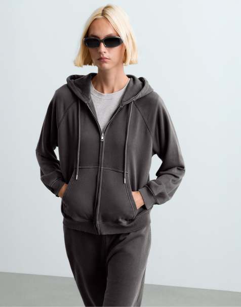 OYSHO Fleece hooded sweatshirt in cotton blend with zip in dark anthracite - view 1