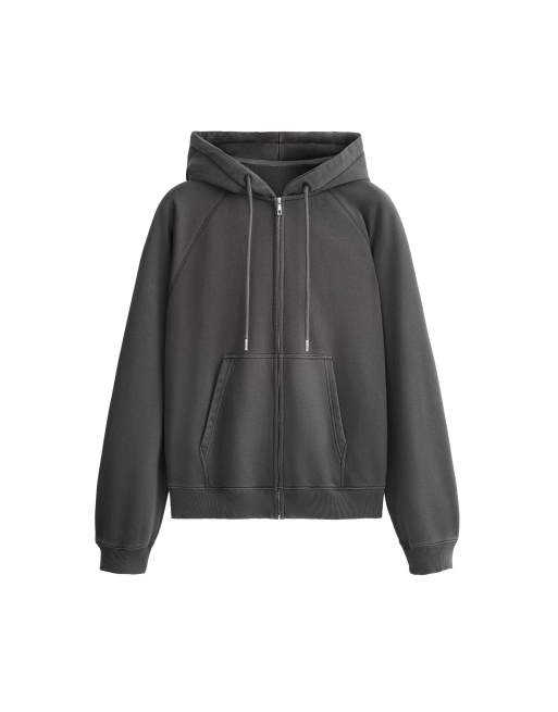 OYSHO Fleece hooded sweatshirt in cotton blend with zip in dark anthracite, 6 of 6