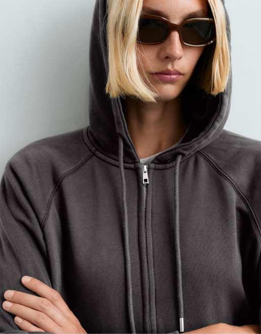 OYSHO Fleece-Kapuzenpullover aus Baumwollmix mit Reißverschluss in dunklem Anthrazit, 3 von 6