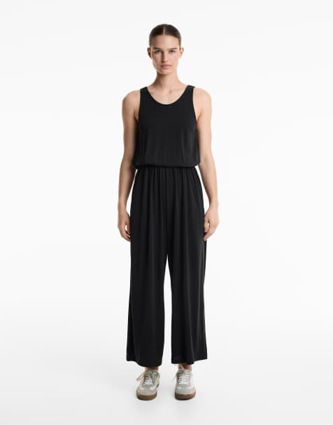 Oysho Floaty crossover back midi jumpsuit with modal in black - view 1