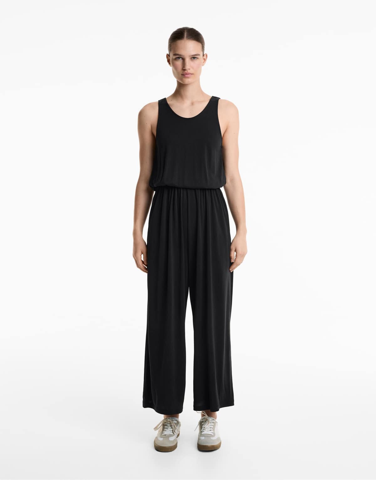 Oysho Floaty crossover back midi jumpsuit with modal in black