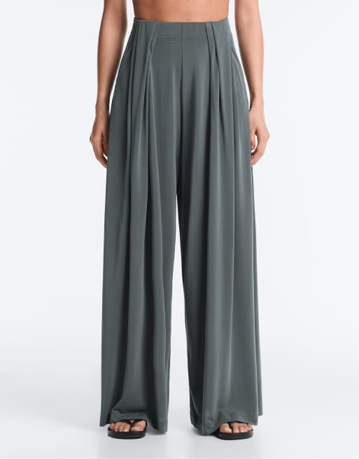 OYSHO Floaty trousers with pleated modal blend waist in grey, 2 of 4