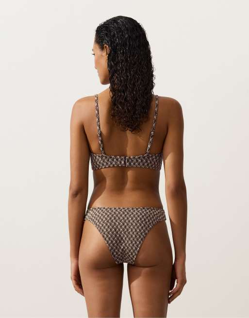 OYSHO Floral jacquard u-cut medium-coverage bikini briefs in brown, 4 of 4