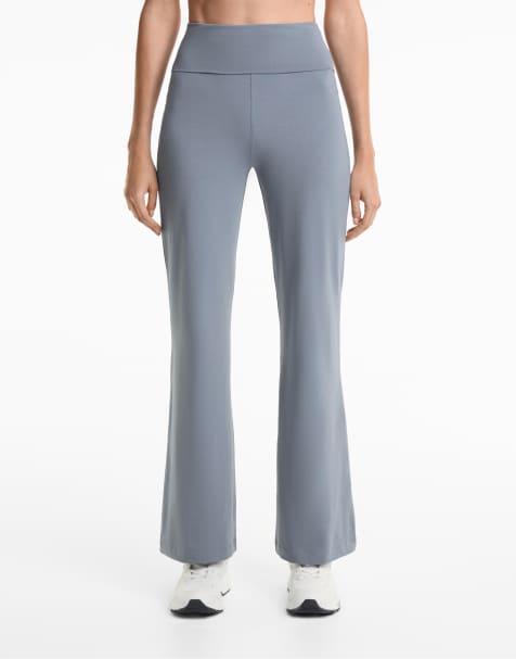 OYSHO Foldover waist cotton blend flare trousers in mid grey-blue - view 1