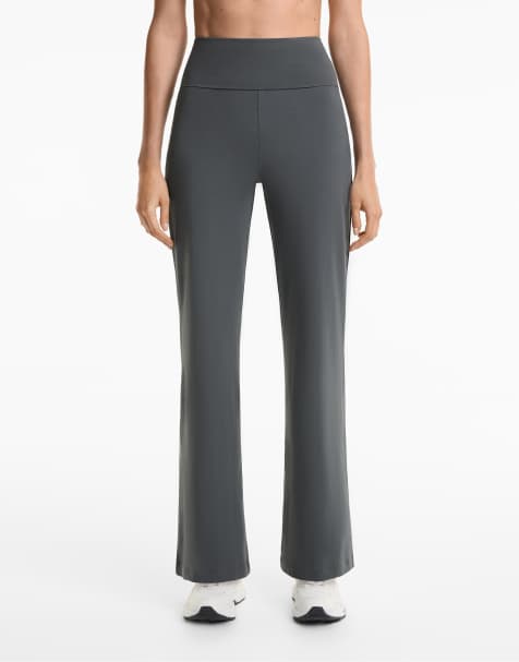 OYSHO Foldover waist cotton blend flare trousers in steel