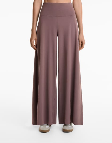 OYSHO Foldover waist cotton blend palazzo trousers in purple