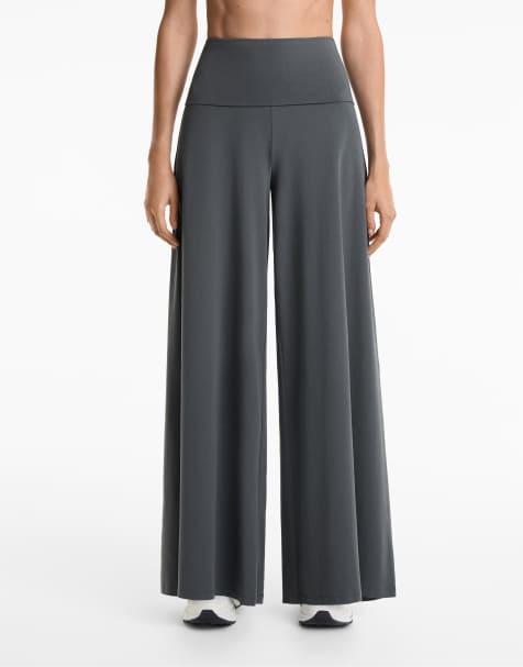 OYSHO Foldover waist cotton blend palazzo trousers in steel - view 1
