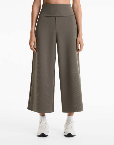 OYSHO Foldover waist rib wide-leg trousers in charcoal