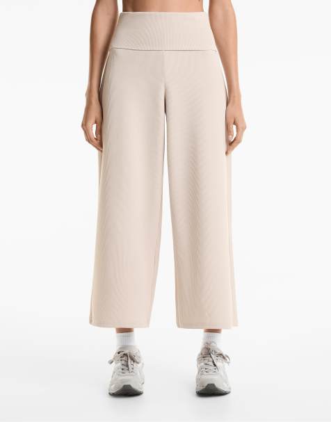 OYSHO Foldover waist rib wide-leg trousers in pale mink
