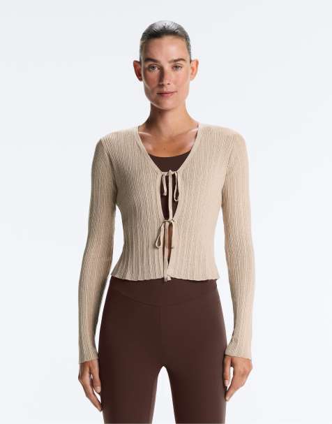 OYSHO Front tie knit rib cardigan in sandy - view 1